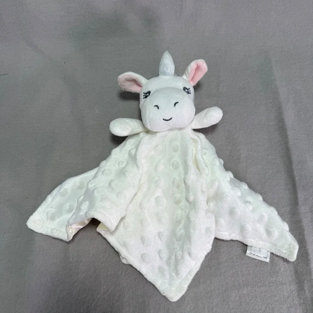 Elegant Baby Unicorn White Pink Minky Dot Security Blanket Lovey Satin Bottom